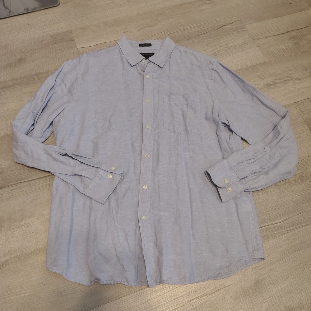 Banana Republic Mens XL Slim Fit Linen Cotton Blue Long Sleeve Button Down Shirt